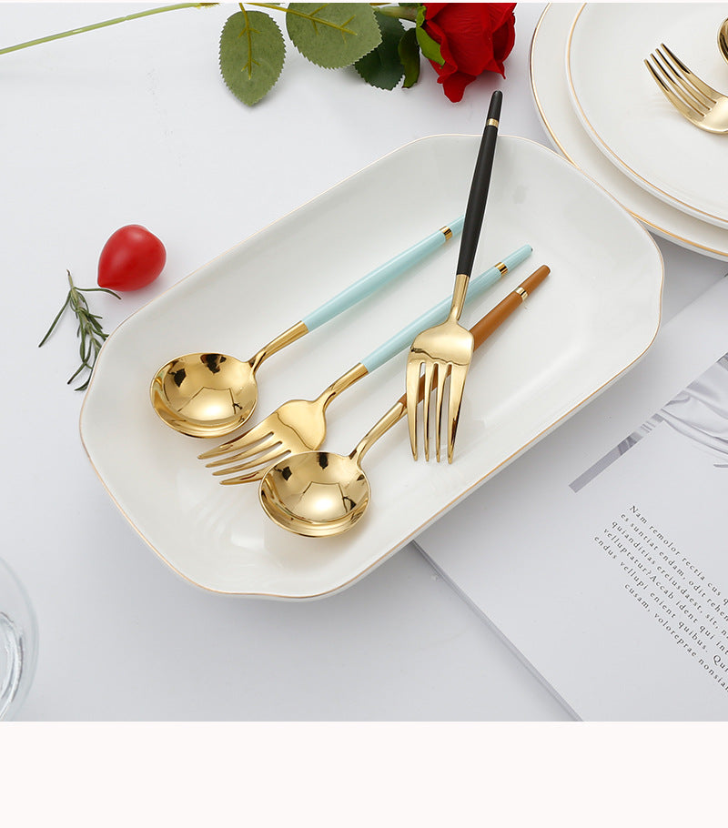 304Stainless Steel Portuguese Tableware Creative Lathe Craft Glossy Mirror Black Gold Round Spoon Dessert Spoon Fork