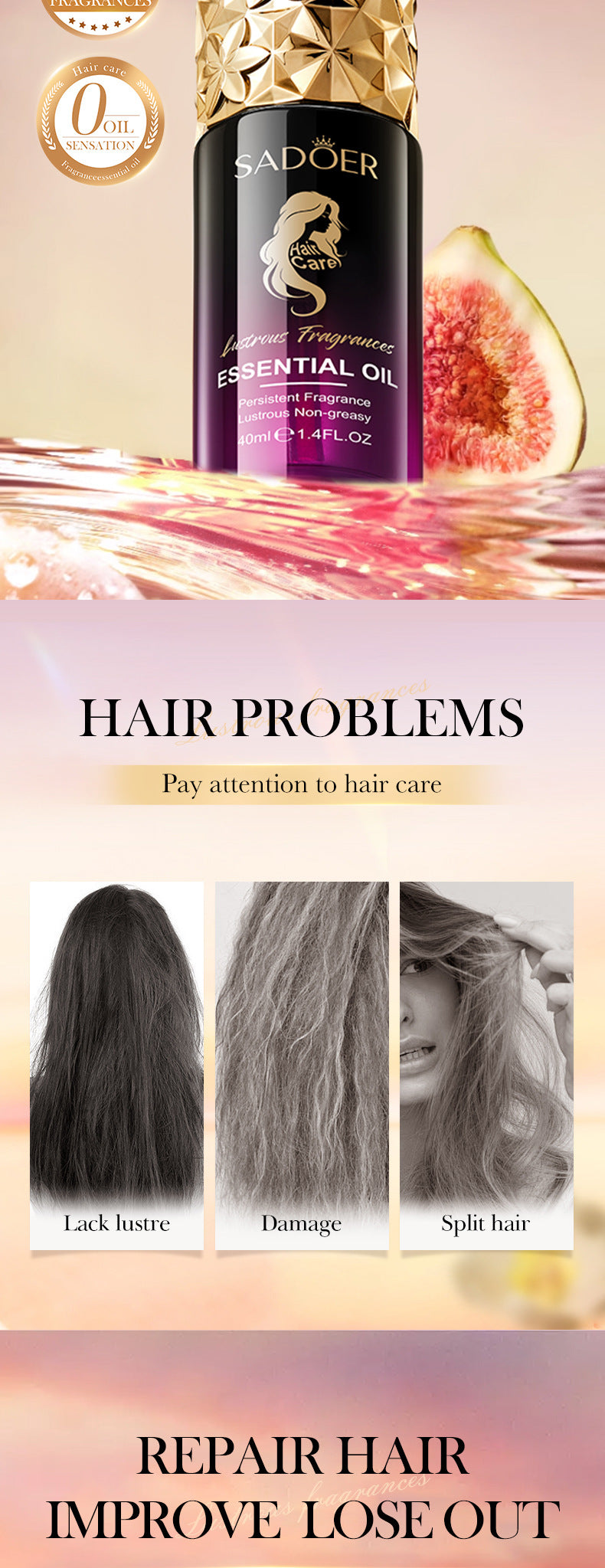 Fragrance Hair Care Essential Oil40ml SADOER Repair Smooth Nourishing Hair Conditioner  Wholesale