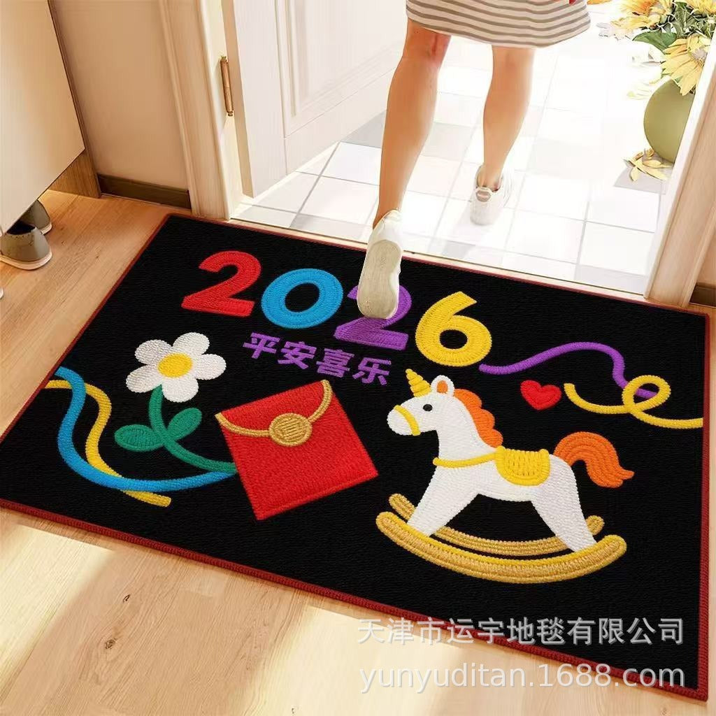 2026Year of the Horse Doormat New Year Red Festive Entrance Door Mat Spring Festival Atmosphere Dust Removal Foot Mat