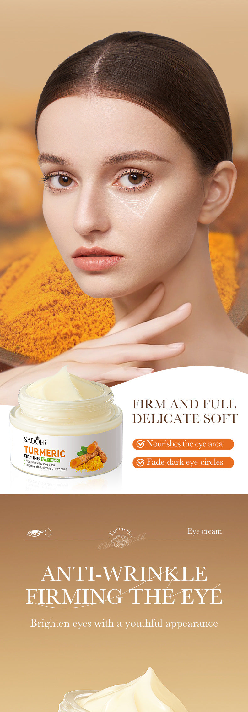 Turmeric Eye Cream SADOER Moisturize and Improve Dark Circles, Eye Lines, Eye Bags,  Wholesale