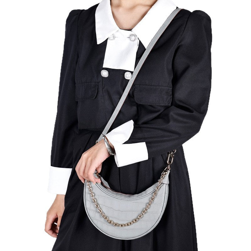 European and American Underarm Single Shoulder Bag for Women, Chain Moon Bag, Mini Fashion Women's Bag, Trendy Versatile Crocodile Pattern Light Luxury Crossbody Bag