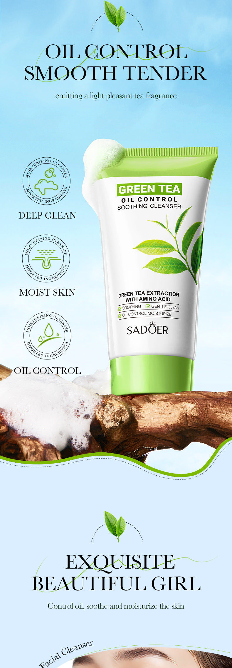 Facial Cleanser150g SADOER Green Tea Cleansing Peach Moisturizing Cleanser  Wholesale