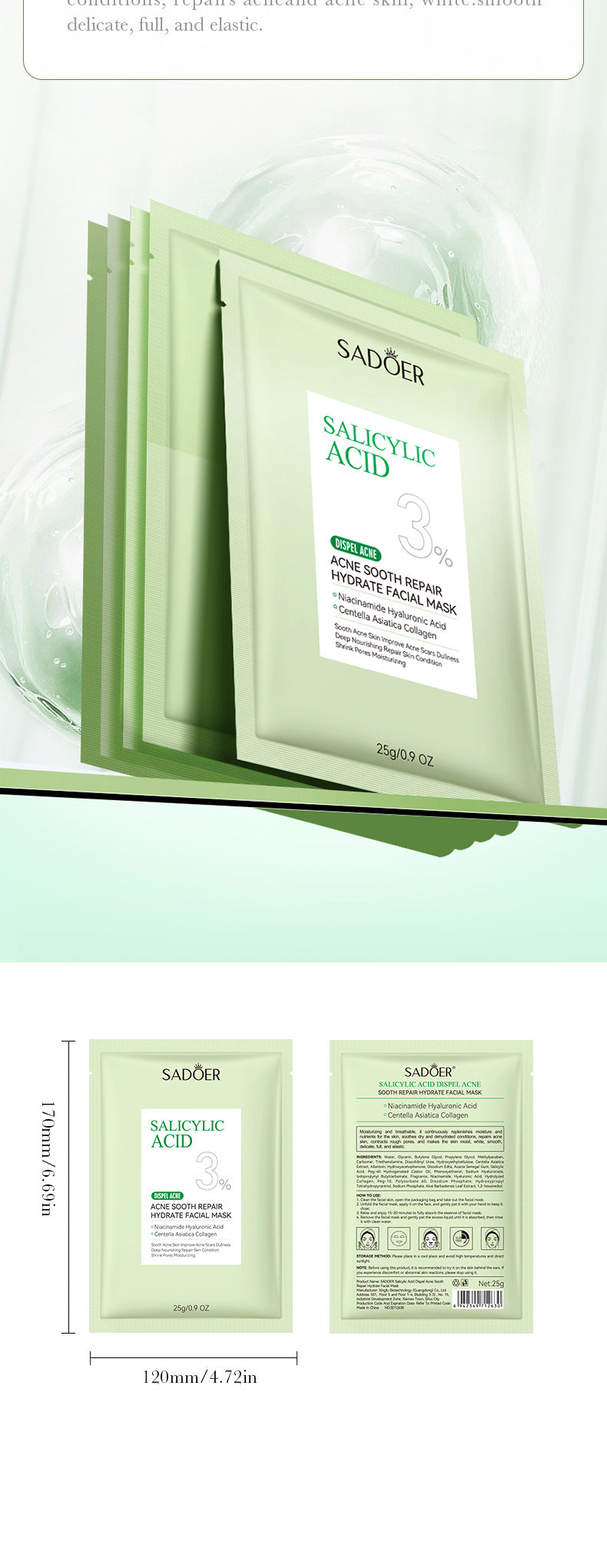 Salicylic Acid Mask SADOER Anti-acne Soothing Skin Rejuvenation Hydrating Anti-acne Mask  Wholesale