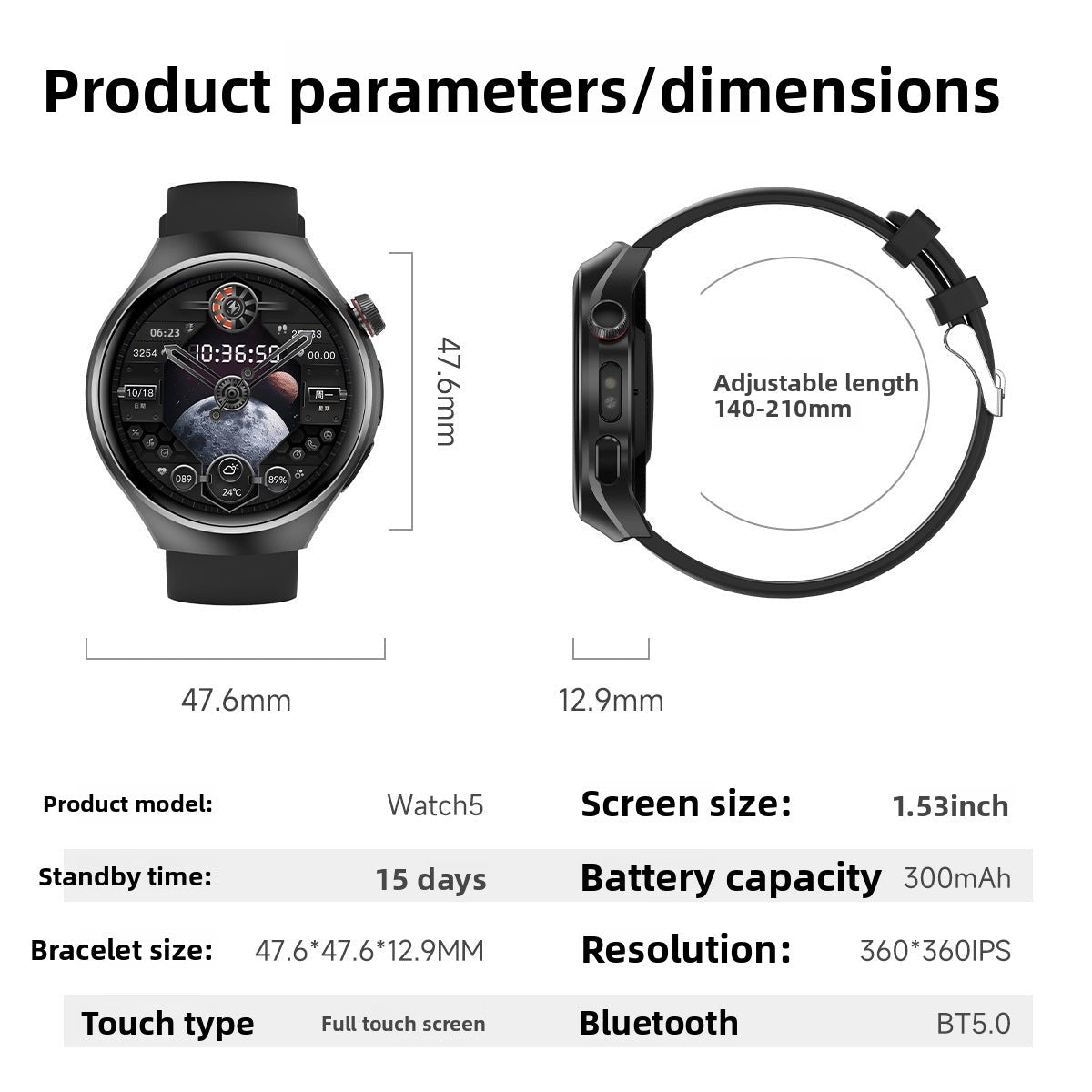 Watch5Smart Watch1.52inch Bluetooth Call Heart Rate Pedometer Sleep Monitor Waterproof Shockproof Dustproof Sports Flashlight