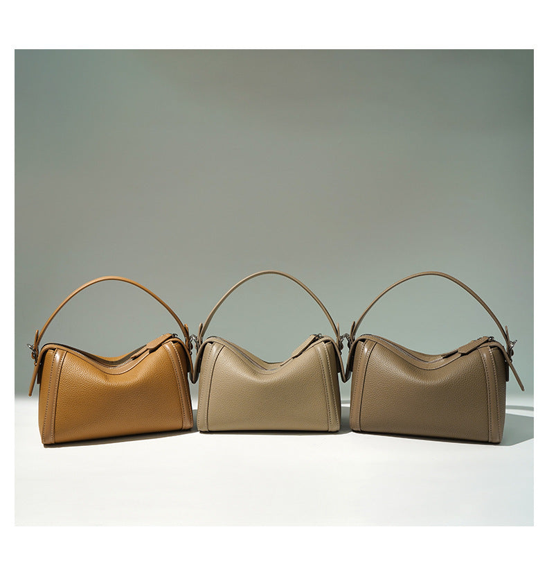 New Top Layer Cowhide Boston Bag Fashion Women's Bag Simple Texture Cowhide Shoulder Crossbody Bag Niche Design Sense