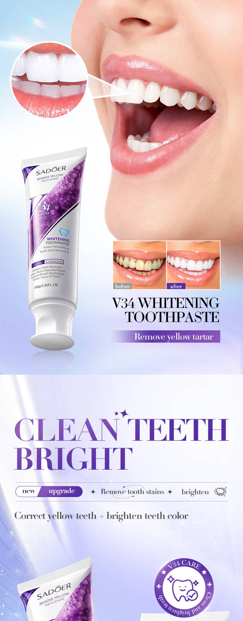 V34Whitening Toothpaste SADOER Clean Tartar Brightening Toothpaste  Wholesale