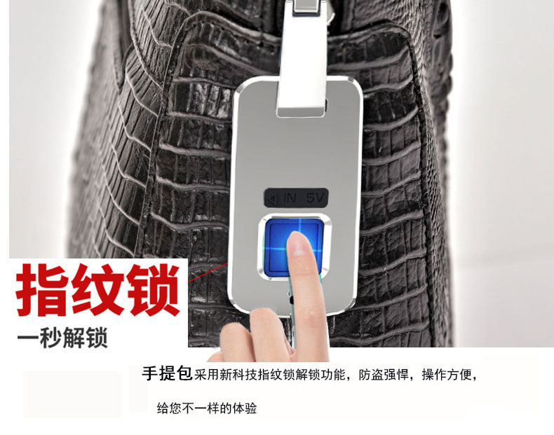 Fengeluoer Fingerprint Lock Bag Genuine Leather Men's Business Briefcase High-end Crocodile Pattern Top Layer Cowhide Handbag