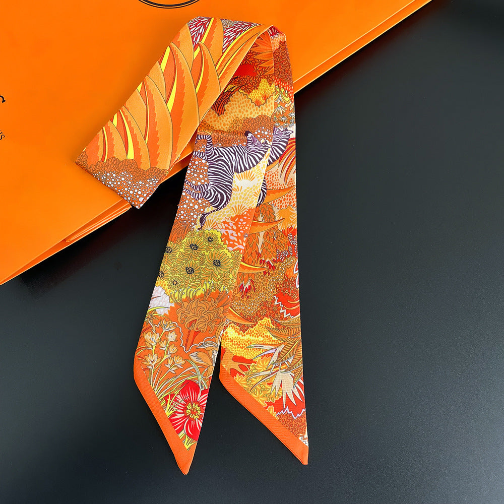 European and American Korean Version Plant Jungle Horse Women's Twill Ribbon Long Strip Ribbon Bag Tie Ribbon Hairband Small Scarf Scarf