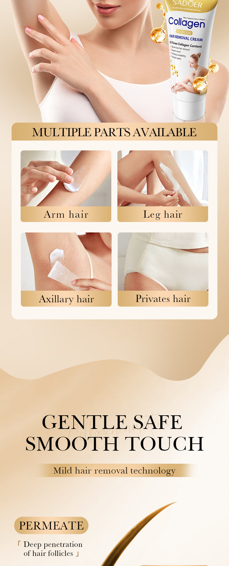Collagen Gentle Hair Removal Cream SADOER Skin-friendly Non-irritating Underarm Hair Removal Cream  Wholesale
