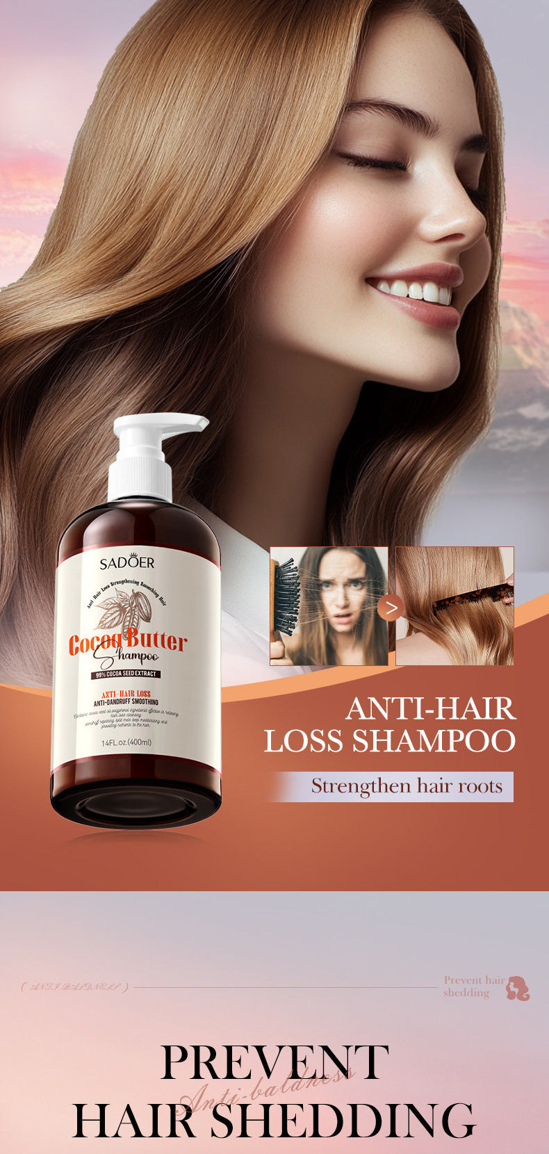 Cocoa Oil Anti-Hair Loss Shampoo SADOER Clean and Smooth Shampoo  Wholesale