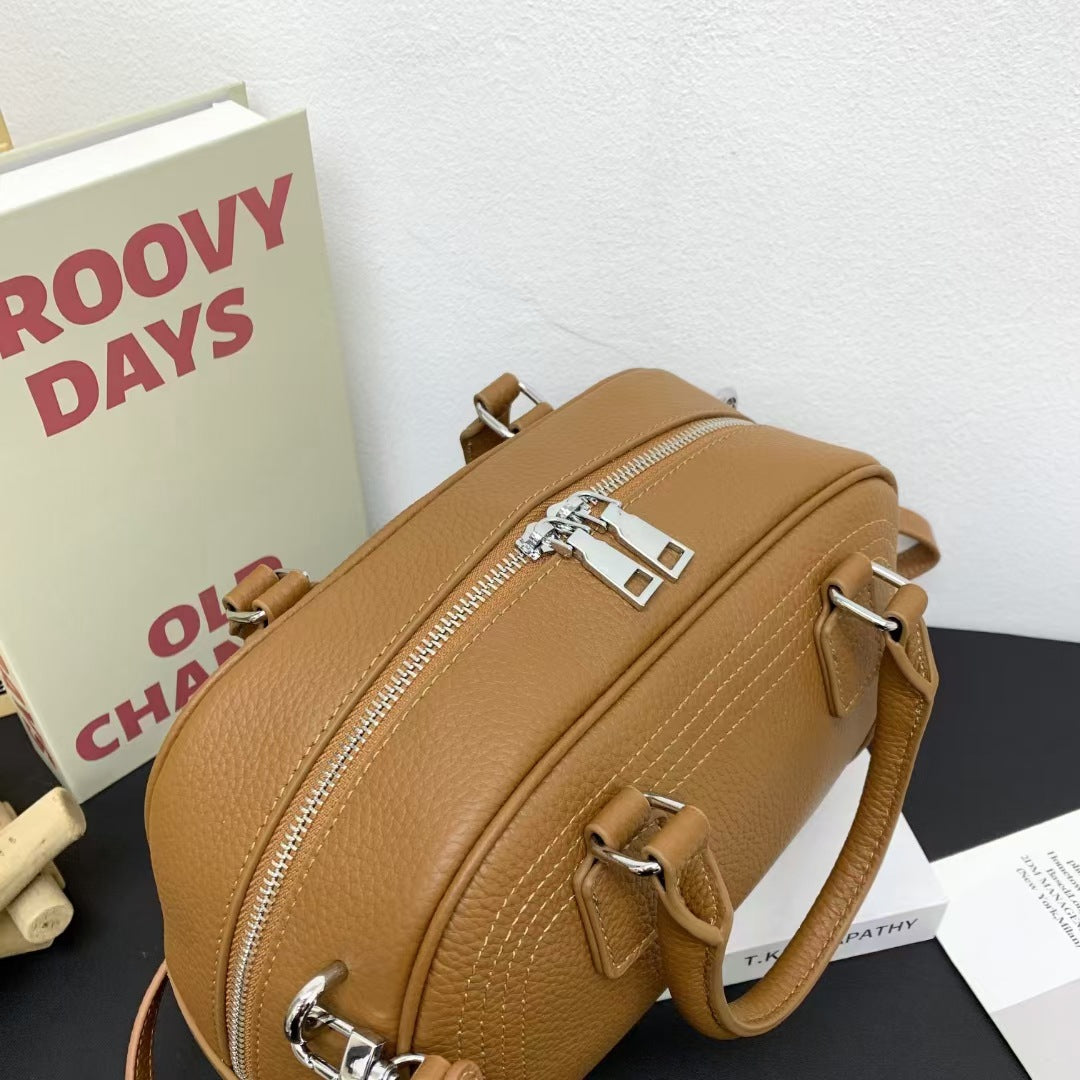 Large Capacity Genuine Leather Bag Top Layer Cowhide Women's Bag Single Shoulder Crossbody Ladies' Bag Handbag Round Bag Fashion Versatile