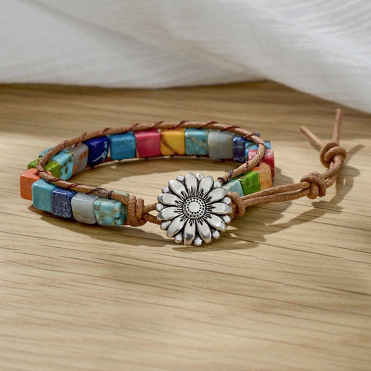 European and American Style Women's Bohemian Bracelet Vintage Emperor Stone Bracelet Handmade Woven Leather Cord Bracelet