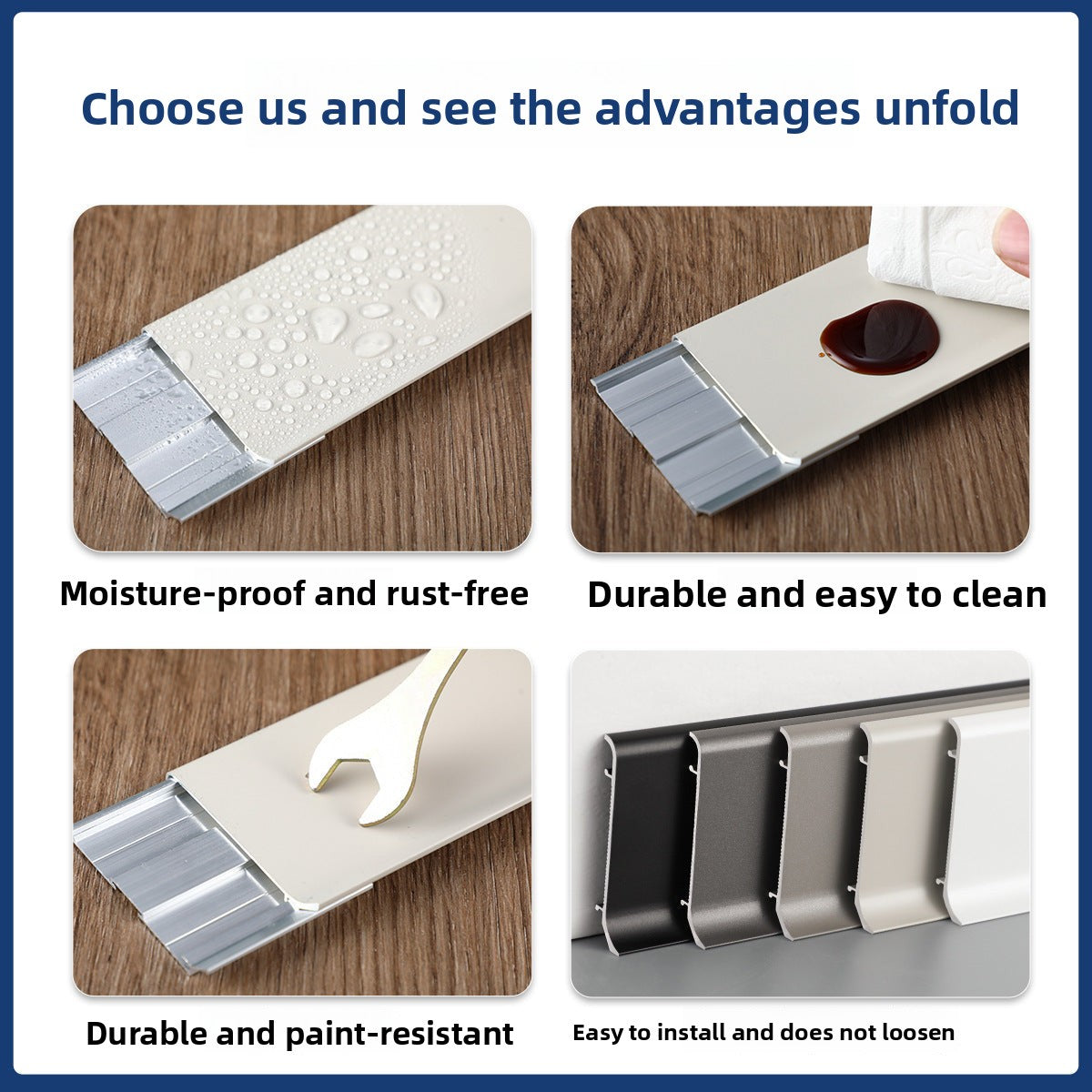 Thickened aluminum alloy skirting board, snap-on metal baseboard, self-adhesive, seamless, stainless steel skirting board for home use