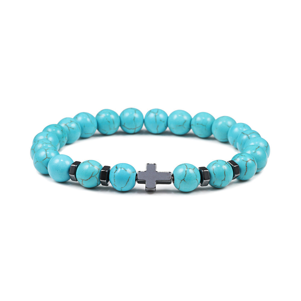 Men's Cross Spacer Bracelet Natural Stone8mm Tiger Eye Turquoise Bracelet Black Gallstone Volcanic Cross Bracelet