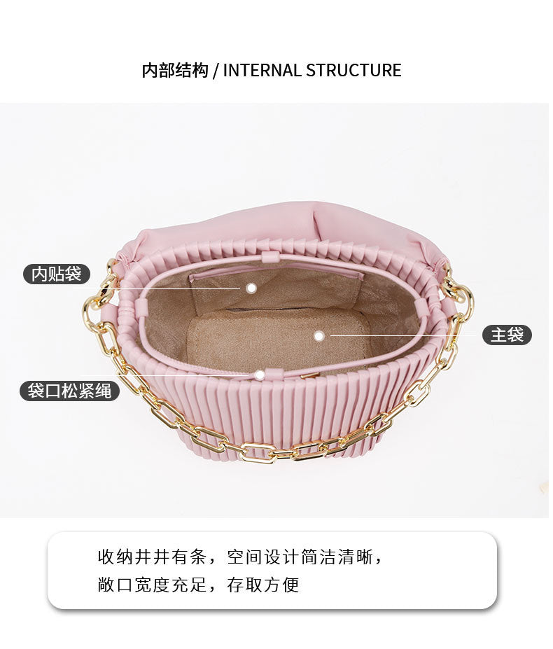 Unique Korean Design Pleated Bucket Bag for Women with Chain Handle, Versatile Fashionable Single Shoulder Crossbody Bag for Ladies