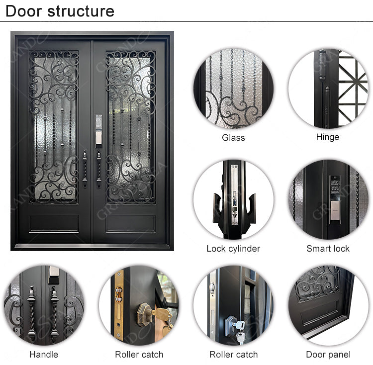Modern House Exterior Door Double Tempered Glass Door Entry Wrought Iron Door Design