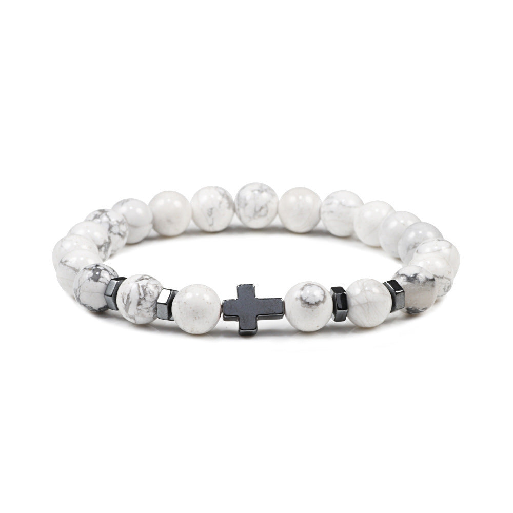 Men's Cross Spacer Bracelet Natural Stone8mm Tiger Eye Turquoise Bracelet Black Gallstone Volcanic Cross Bracelet