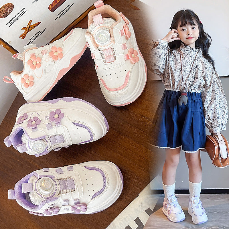 Children's Sports Shoes Spring and Autumn2025New Student Knob Girls' White Sneakers Versatile Casual Girls' Running Shoes