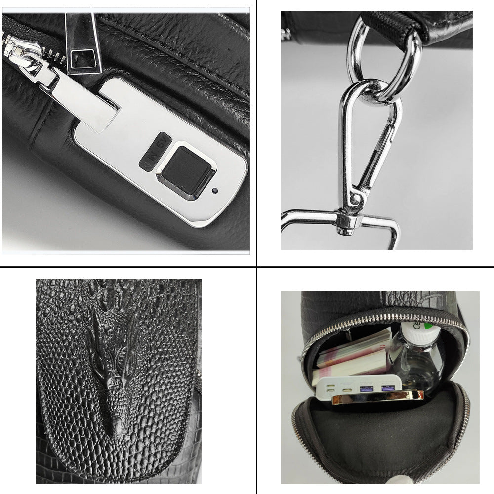 Fingerprint Lock Bag Men's Travel Sports Crossbody Bag Top Layer Cowhide Crocodile Pattern Security Password Lock Genuine Leather Chest Bag
