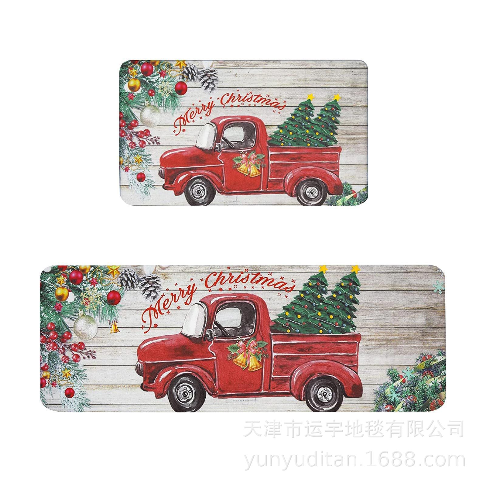 Christmas Kitchen Floor Mat Two-Piece Set Crystal Velvet Water-Absorbent Oil-Absorbent Non-Slip Foot Mat Holiday Decorative Floor Mat
