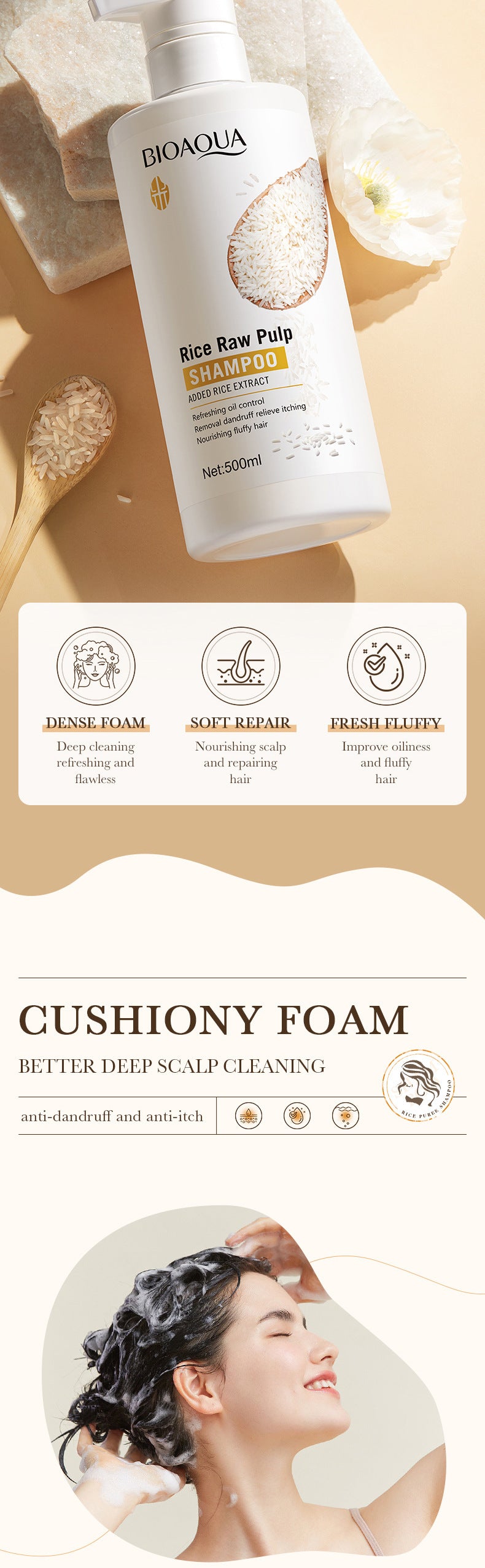BIOAOUA Rice Puree Shampoo Anti-Dandruff Oil Control Volumizing Long-Lasting Fragrance Hair Wash