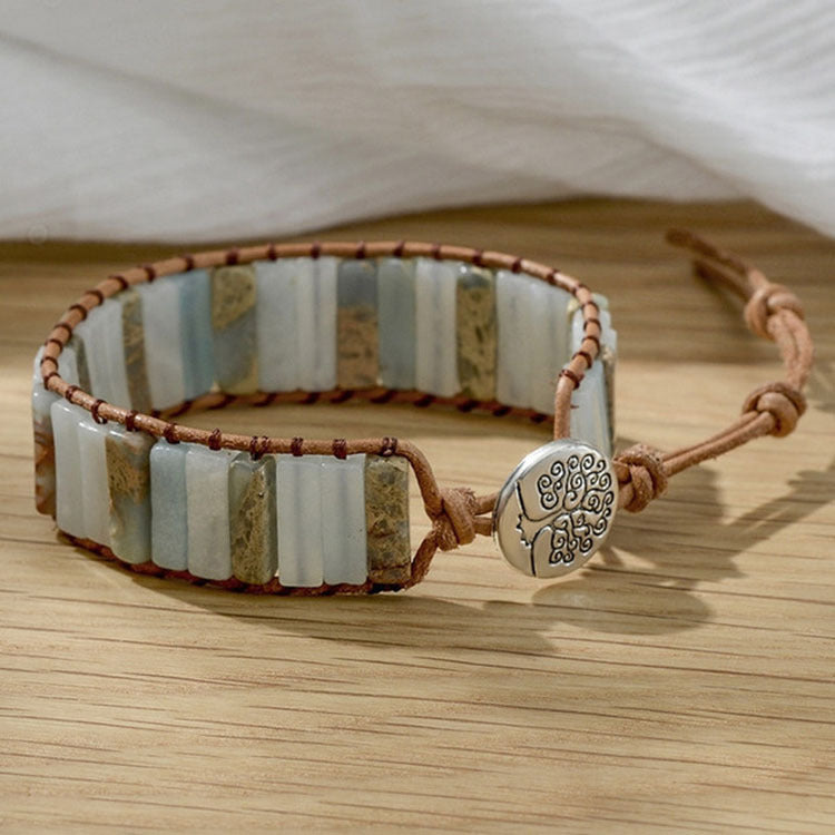 European and American Style Women's Bohemian Bracelet Vintage Emperor Stone Bracelet Handmade Woven Leather Cord Bracelet