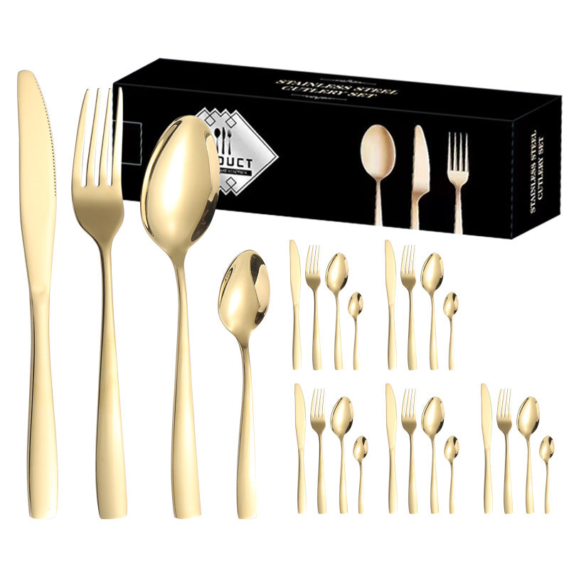 410Stainless Steel Tableware24Set of Hotel Western Dining Square Handle Steak Knife, Fork, Spoon, Tea Spoon