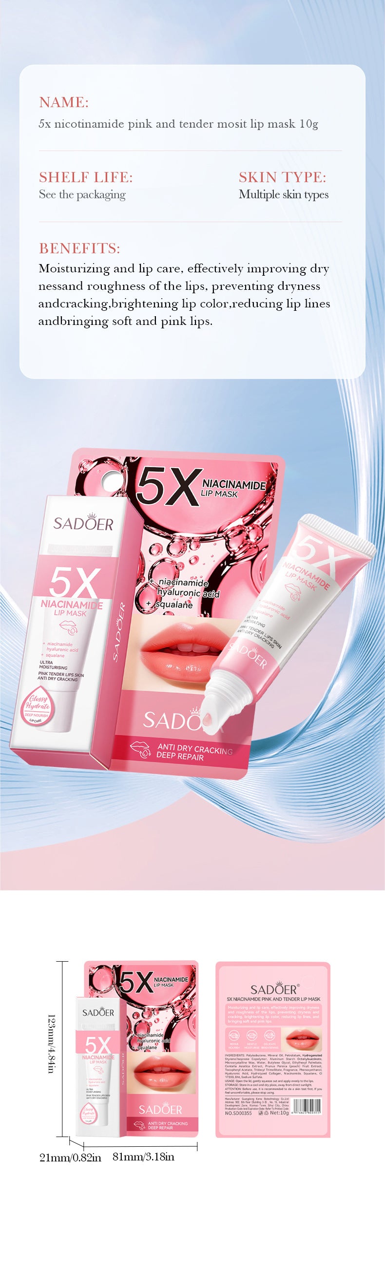5Niacinamide Lip Mask SADOER Pink anti-chapped hydrating lip balm  wholesale