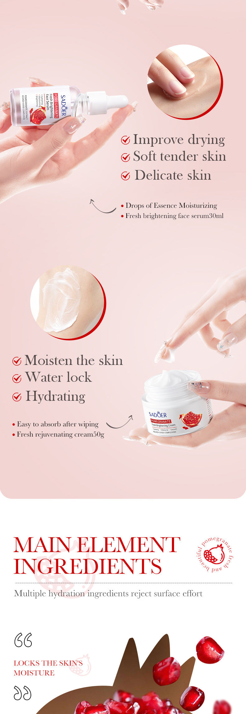 Red Pomegranate Skincare Set SADOER Hydrating Moisturizing Cleansing Six-Piece Set Cross-Border Wholesale