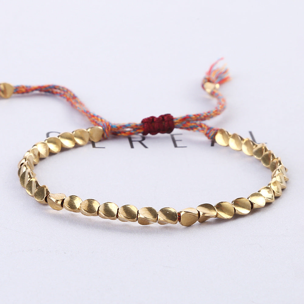 Women's Braided Rope Bracelet with Irregular Copper Beads, European and American Style, Adjustable Tassel Bracelet