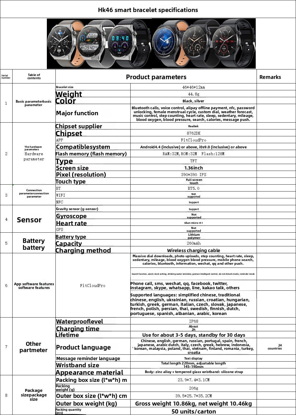 New HK46Smart Watch HD AMOLED Multiple Screen Dial Switching NFC Offline Alipay Factory