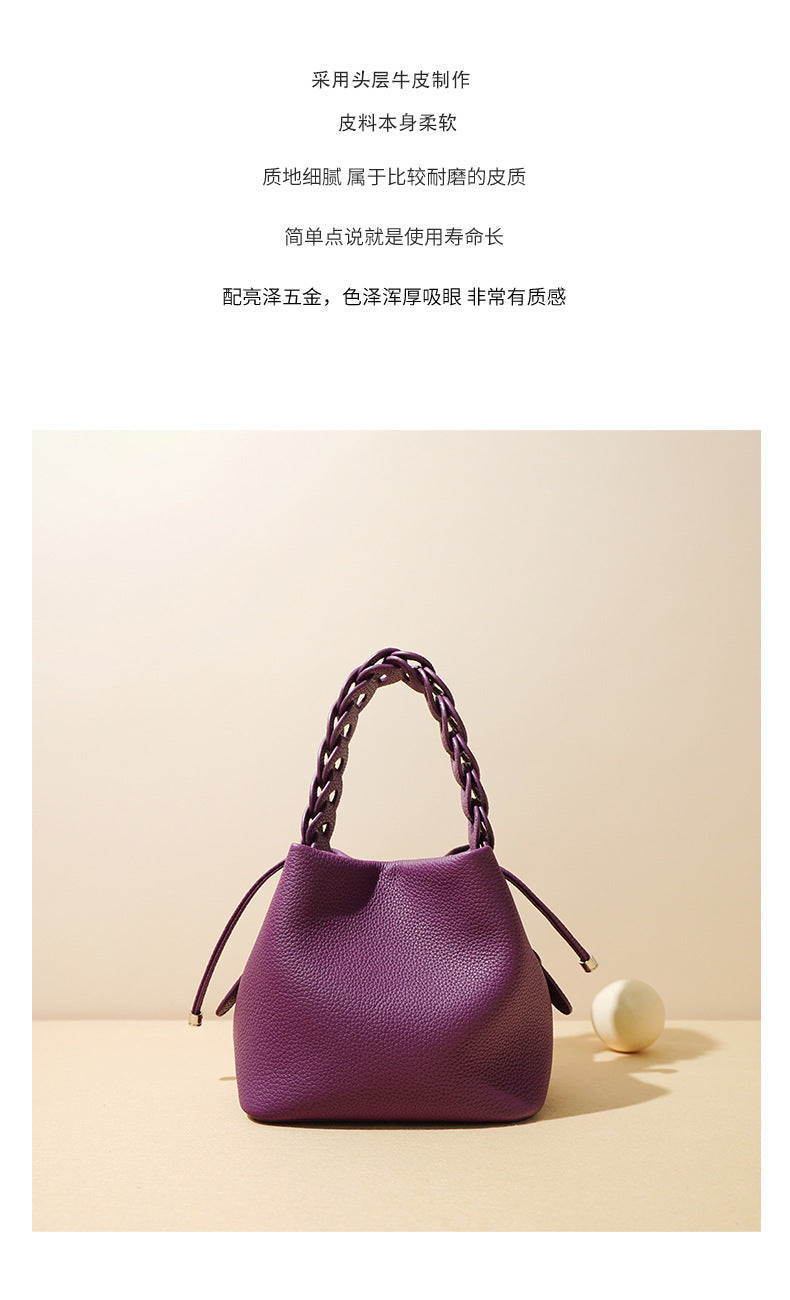 European Style New Top Layer Cowhide Bucket Bag High-Quality Genuine Leather Fashion Women's Handbag Tote Shoulder Crossbody Bag Woven