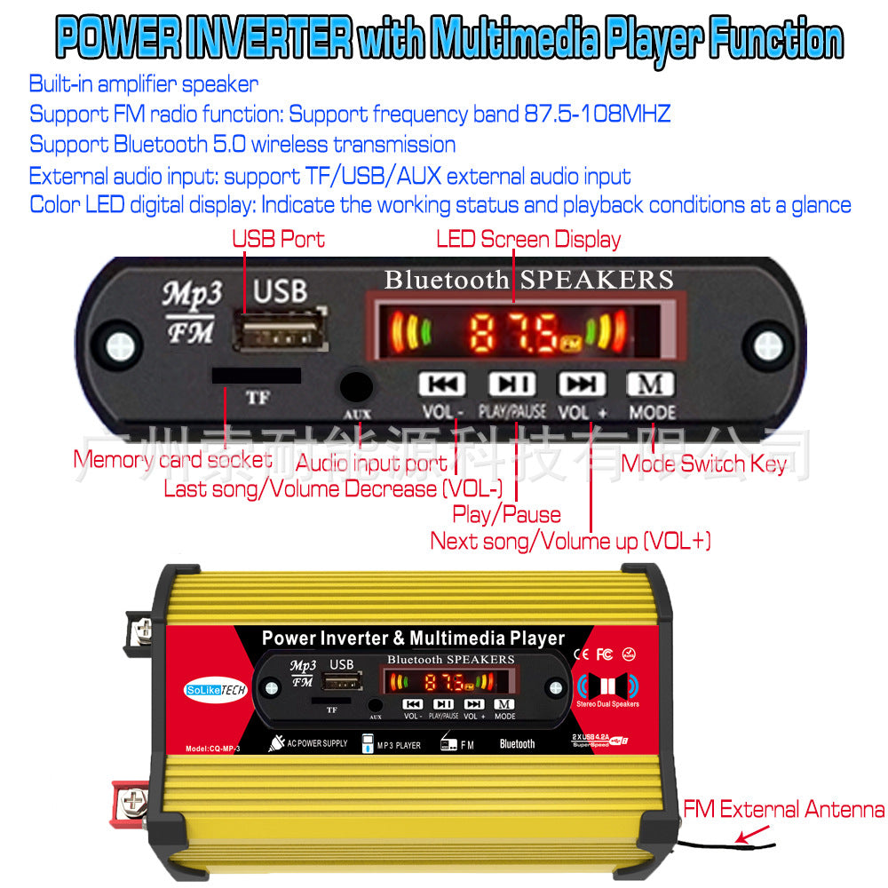 Motorcycle and Car Accessories300W Car Converter Inverter Inverter Power Supply12V Turn110V/220V Belt MP3Play