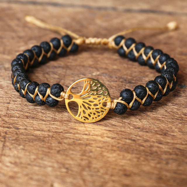 Natural Stone Woven Double Row Bracelet Adjustable Pull Bracelet Tree of Life Volcanic Stone Blue Pine Woven Double Layer Bracelet