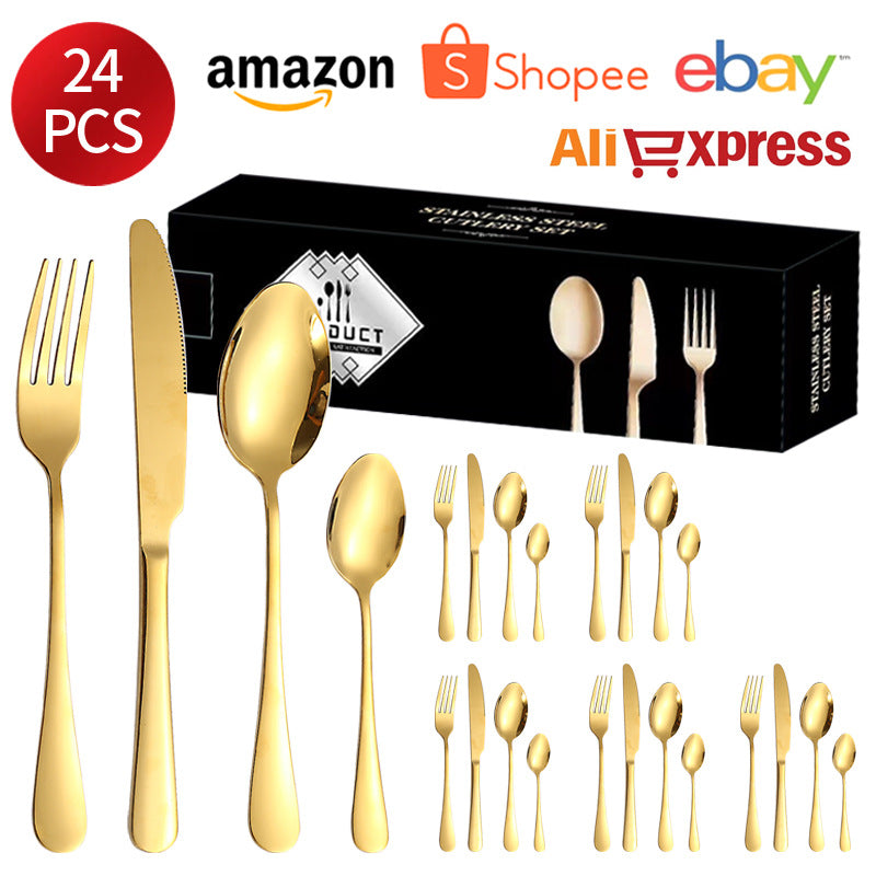 1010Stainless Steel Cutlery Set Hotel Titanium Coated Western Steak Knife Fork Spoon Tea Spoon24Set