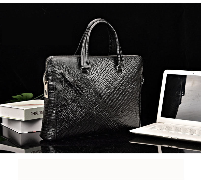 Fengeluoer Fingerprint Lock Bag Genuine Leather Men's Business Briefcase High-end Crocodile Pattern Top Layer Cowhide Handbag
