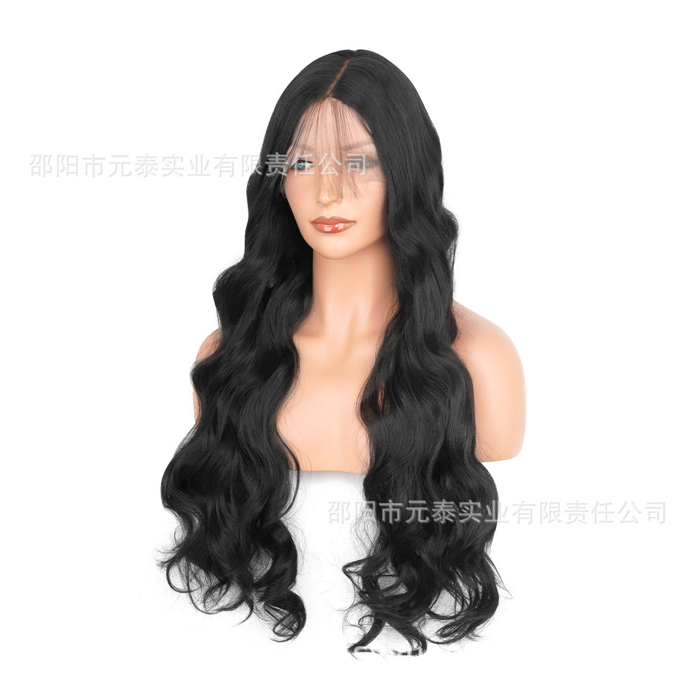 Cross-Border European and American Style Wig Middle Part Black Big Wave Long Curly Hair Synthetic High-Temperature Fiber Manufacturer European and American Style Long Curly Hair