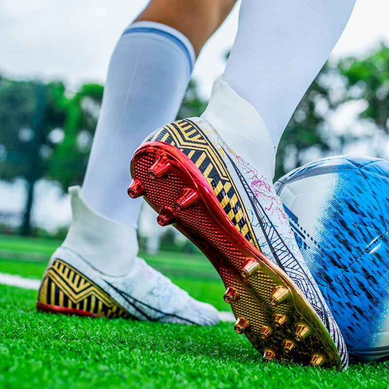 Large Size Men's Soccer Shoes AG Long Spike Gold-Plated Hot Stamping Football Shoes for Youth Professional Competition Training Shoes Wholesale