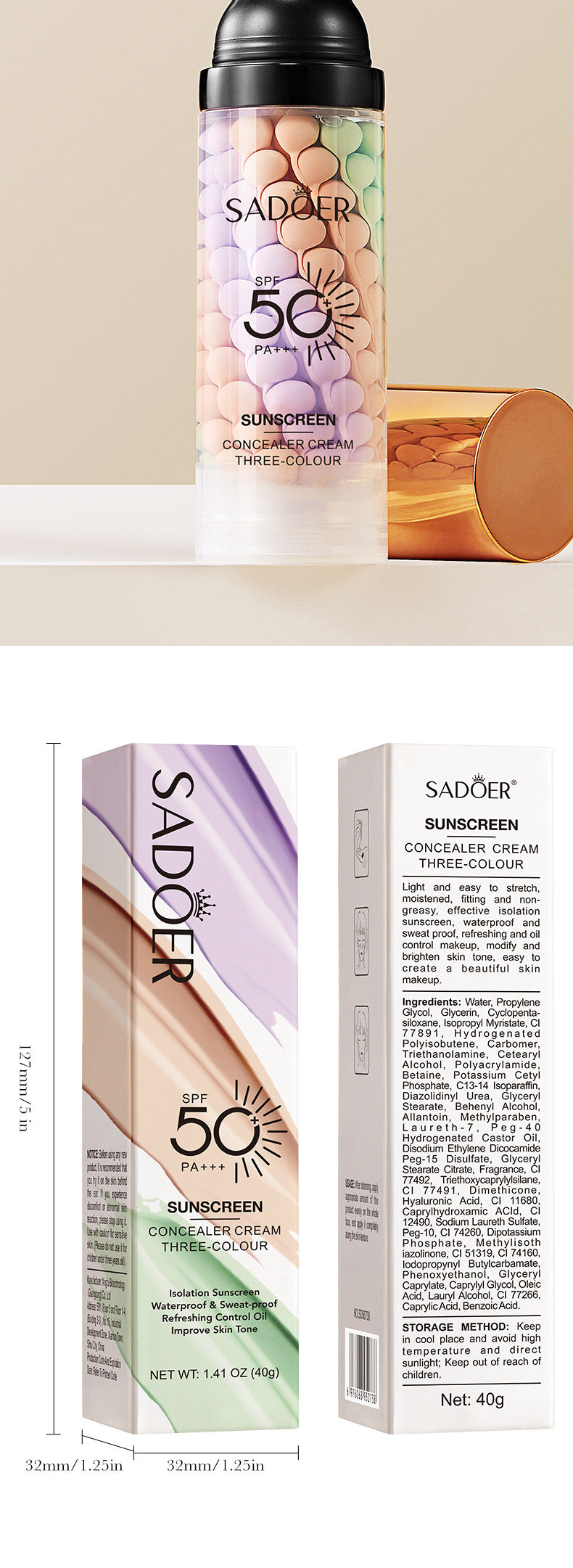 Makeup SADOER Three-color Rainbow Primer Brightening Skin Tone Sunscreen Makeup Base  Wholesale