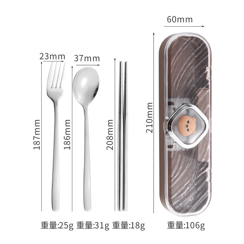 304Stainless Steel Tableware Student Cartoon Portable Tableware Set Work Outdoor Fork Spoon Chopsticks Three-piece Set