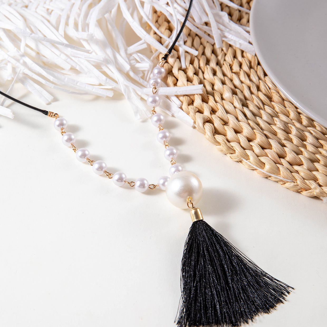 Simple Colorful Beaded Tassel y Chain Necklace Elegant Versatile Diamond-Studded Sweater Chain Jewelry