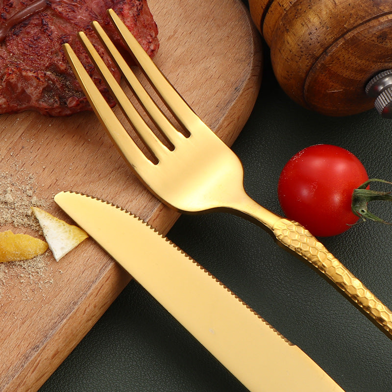 410Stainless Steel Tableware Hotel Restaurant Hammered Knife Fork Spoon24Set of High-End Western Cuisine Embossed Steak Knives and Forks