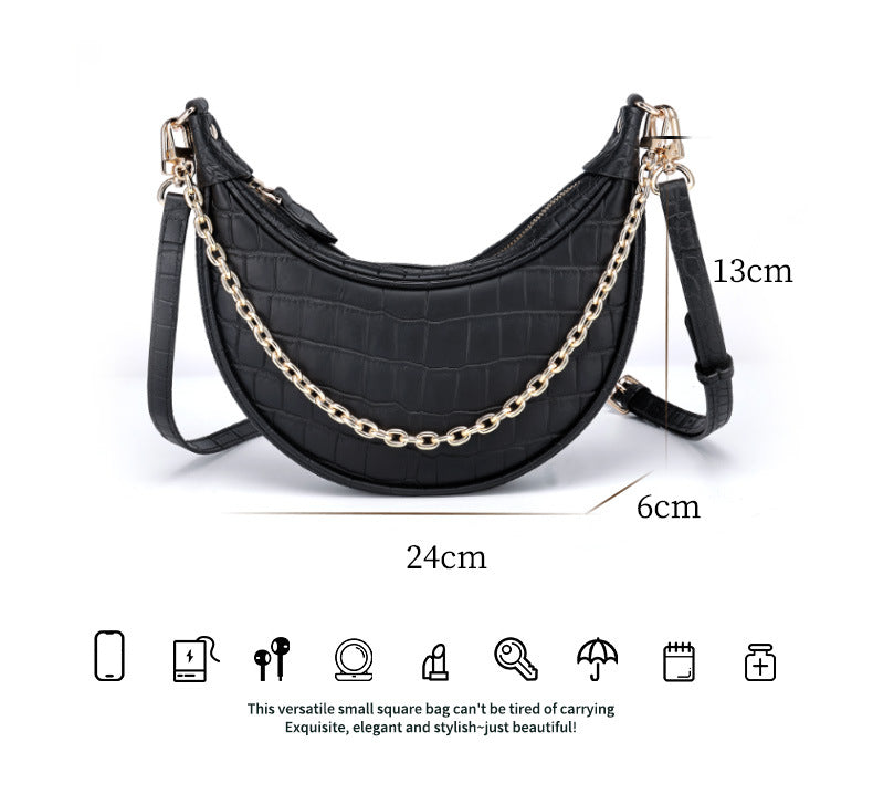European and American Underarm Single Shoulder Bag for Women, Chain Moon Bag, Mini Fashion Women's Bag, Trendy Versatile Crocodile Pattern Light Luxury Crossbody Bag