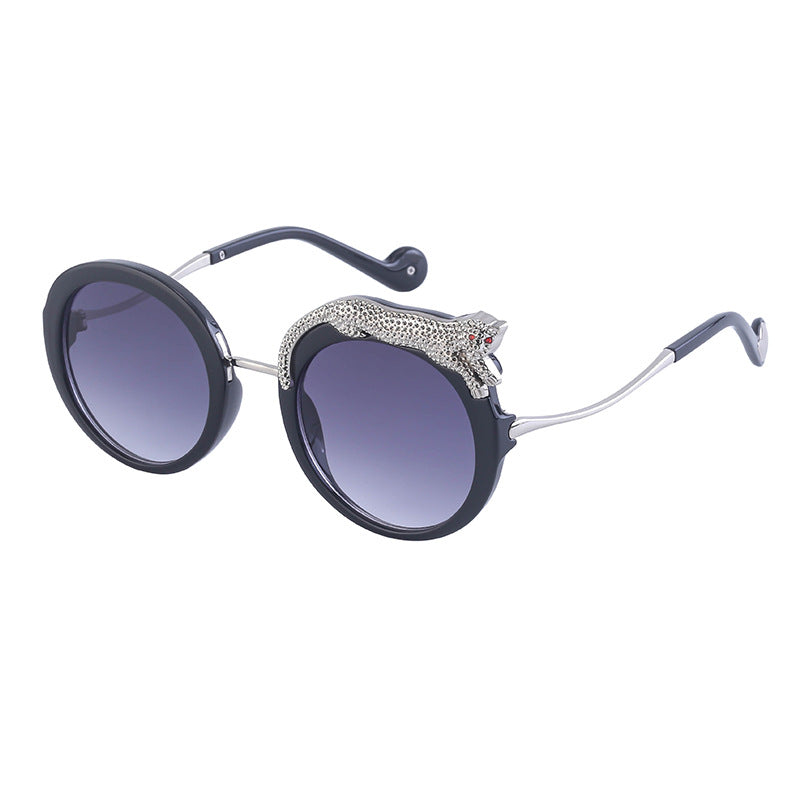 2025New Anti-Blue Light Glasses for Women Leopard Head Diamond-Studded European and American Round Frame Sunglasses Trendy Large Frame Sunglasses High-End Feel