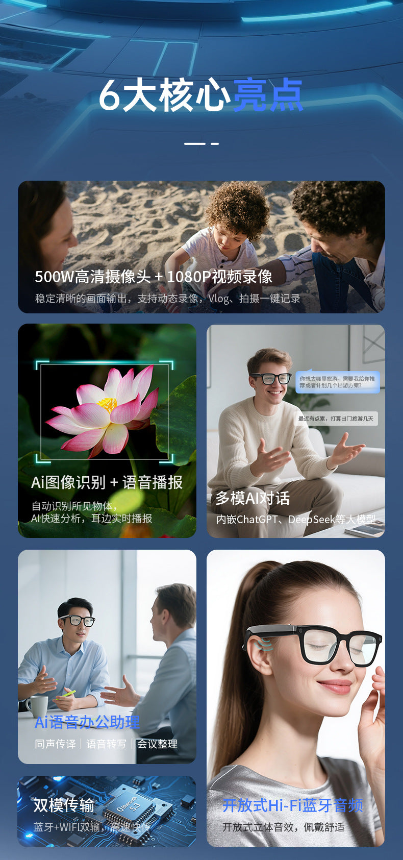 V03-T6Smart Glasses800100 Megapixel Camera with Image Stabilization1200P Video Recording Audio Recording AI Translation Recognition