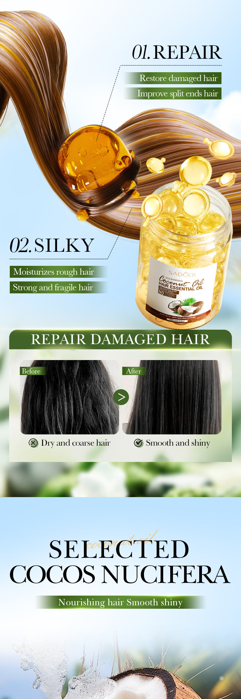 Coconut Oil Smooth Conditioner SADOER Nourishing and Smooth Hair Care Essential Oil Capsules  Wholesale