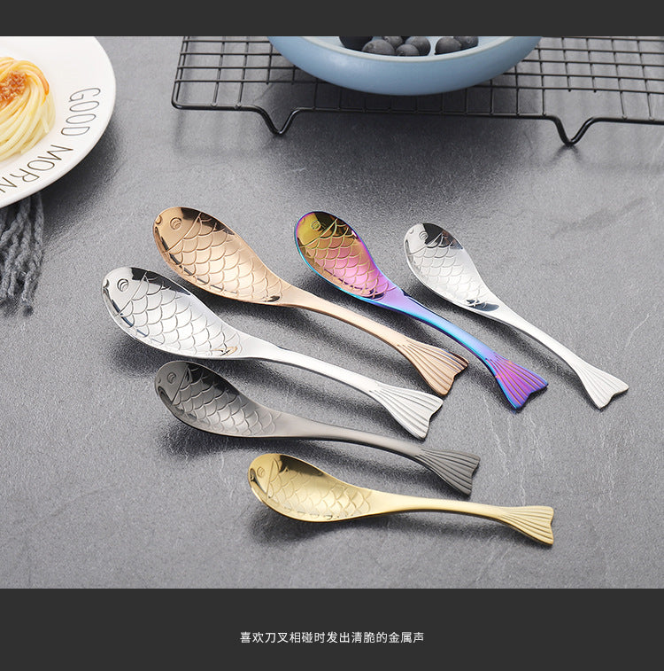 304Stainless Steel Spoon Cooking Restaurant Spoon Pickled Fish Spoon Cartoon Spoon PVD Titanium-plated Colorful Fish Tail Cute Spoon