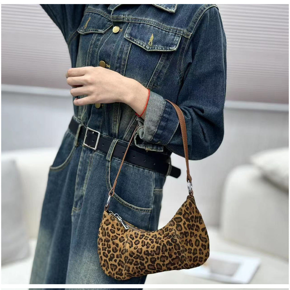 Autumn and winter niche leopard print underarm bag2025New Matte Top Layer Cowhide Single Shoulder Crossbody Bag Handheld Small Bag