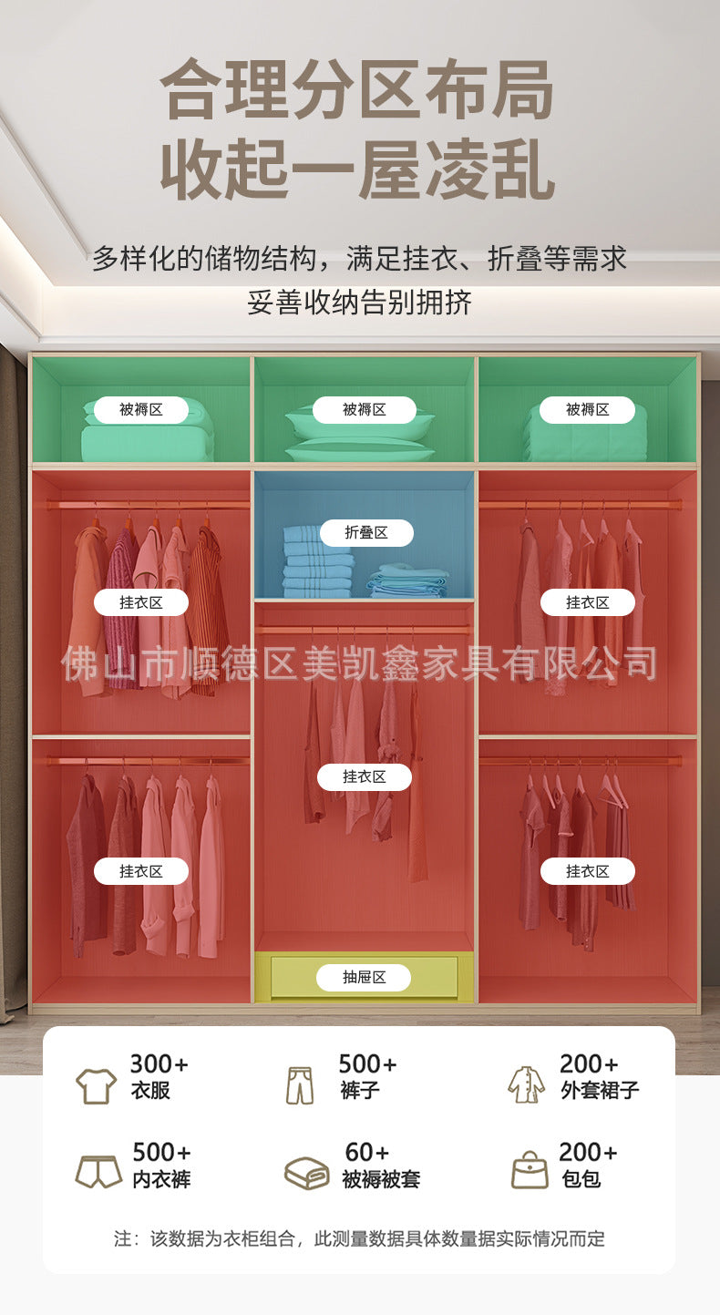 Solid Wood Wardrobe for Home Bedroom Modern Simple Particle Board Cabinet Six-Door Segmented Coat Wardrobe Thickened Cabinet Body