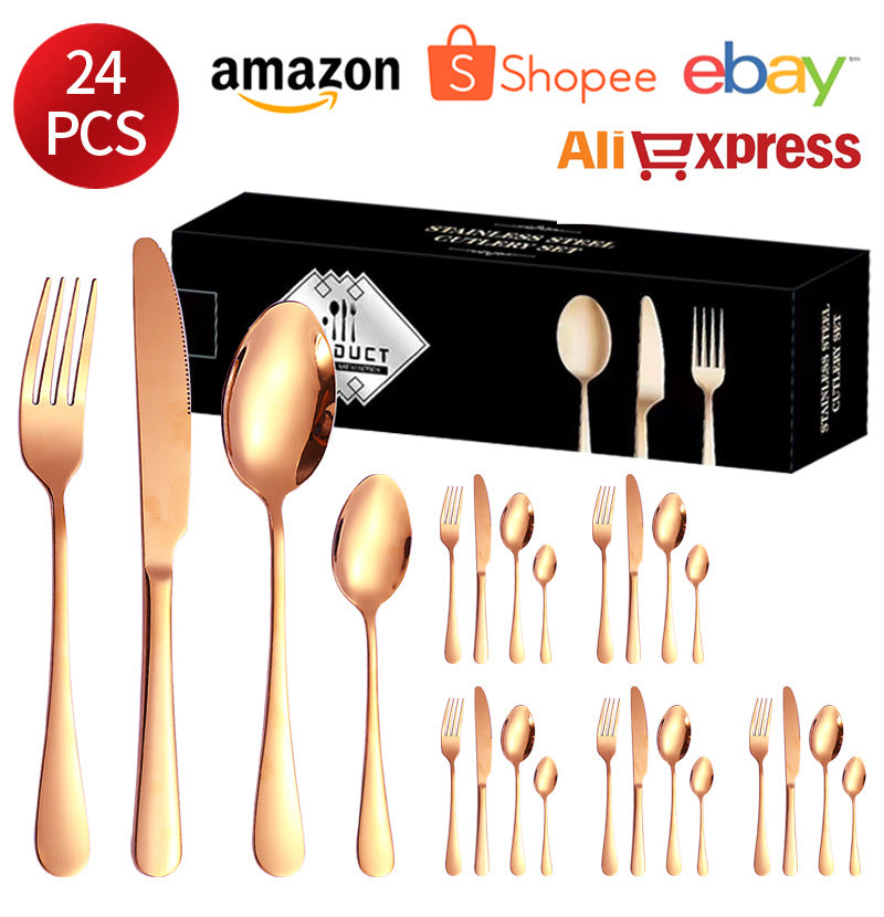 1010Stainless Steel Cutlery Set Hotel Titanium Coated Western Steak Knife Fork Spoon Tea Spoon24Set